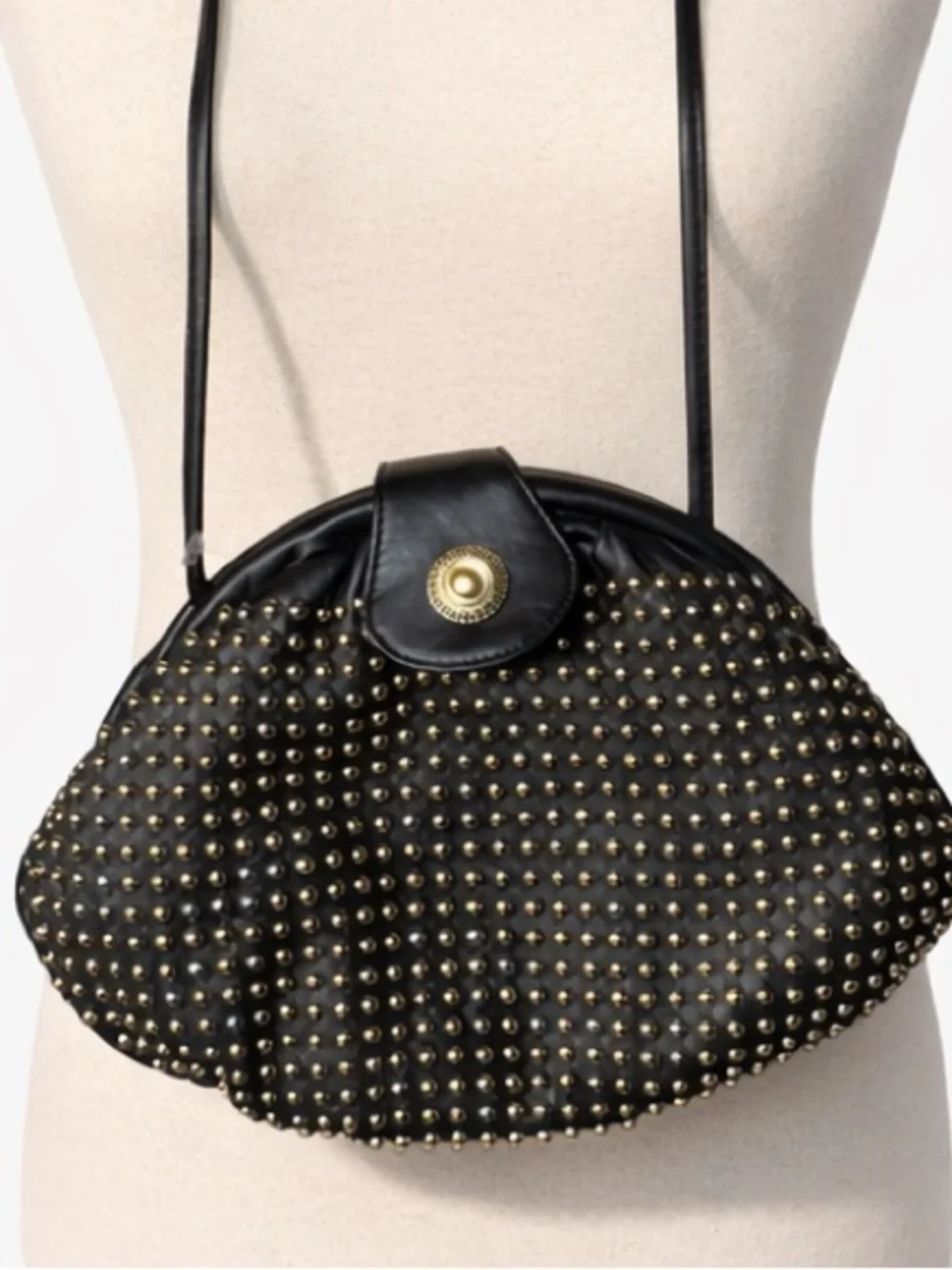 Vintage 80s leather studded Park Avenue Int. Soft Crossbody bag. Gold hardware